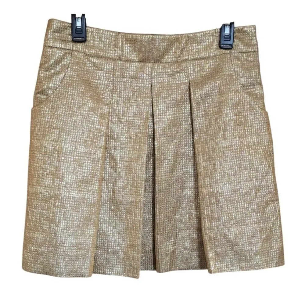 J. Crew Collection Gold Metallic Pleated Mini Skirt glam chic elegant bling